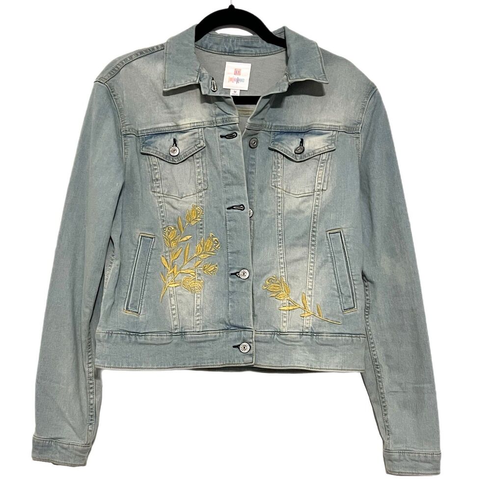 M denim jacket, light wash with yellow embroidered roses, LuLaRoe Jaxon
